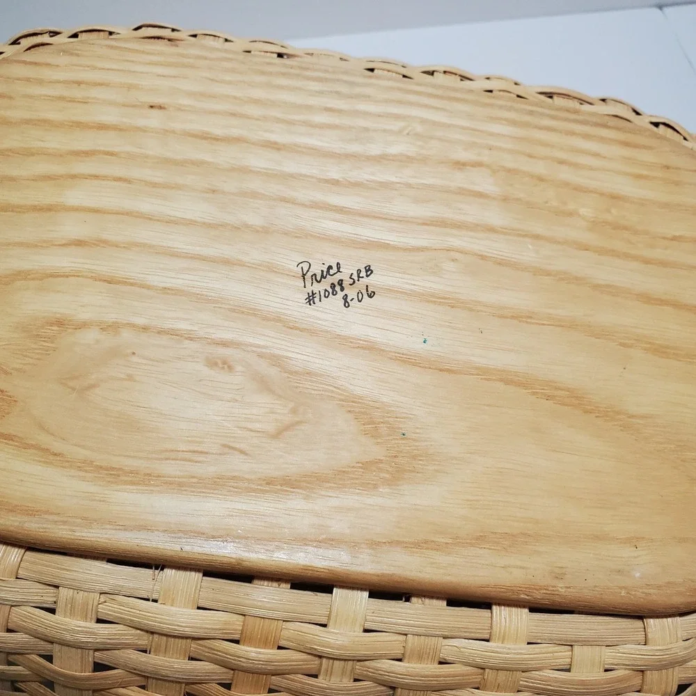 Signed‎ Artisan Woven Splint Bread Basket Wood Base Floral Porcelain Handles